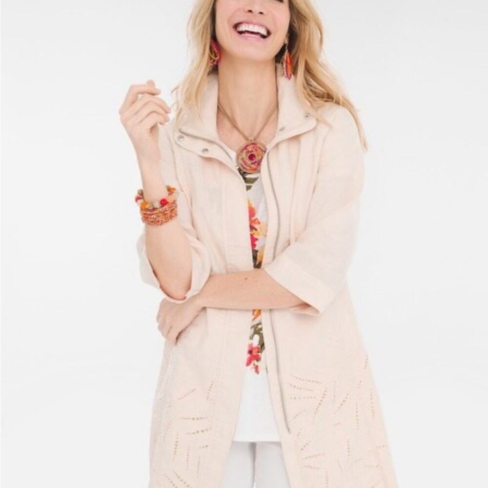 Chicos 100% Linen Light Pink Eyelet Zippered Jacket | Size Small